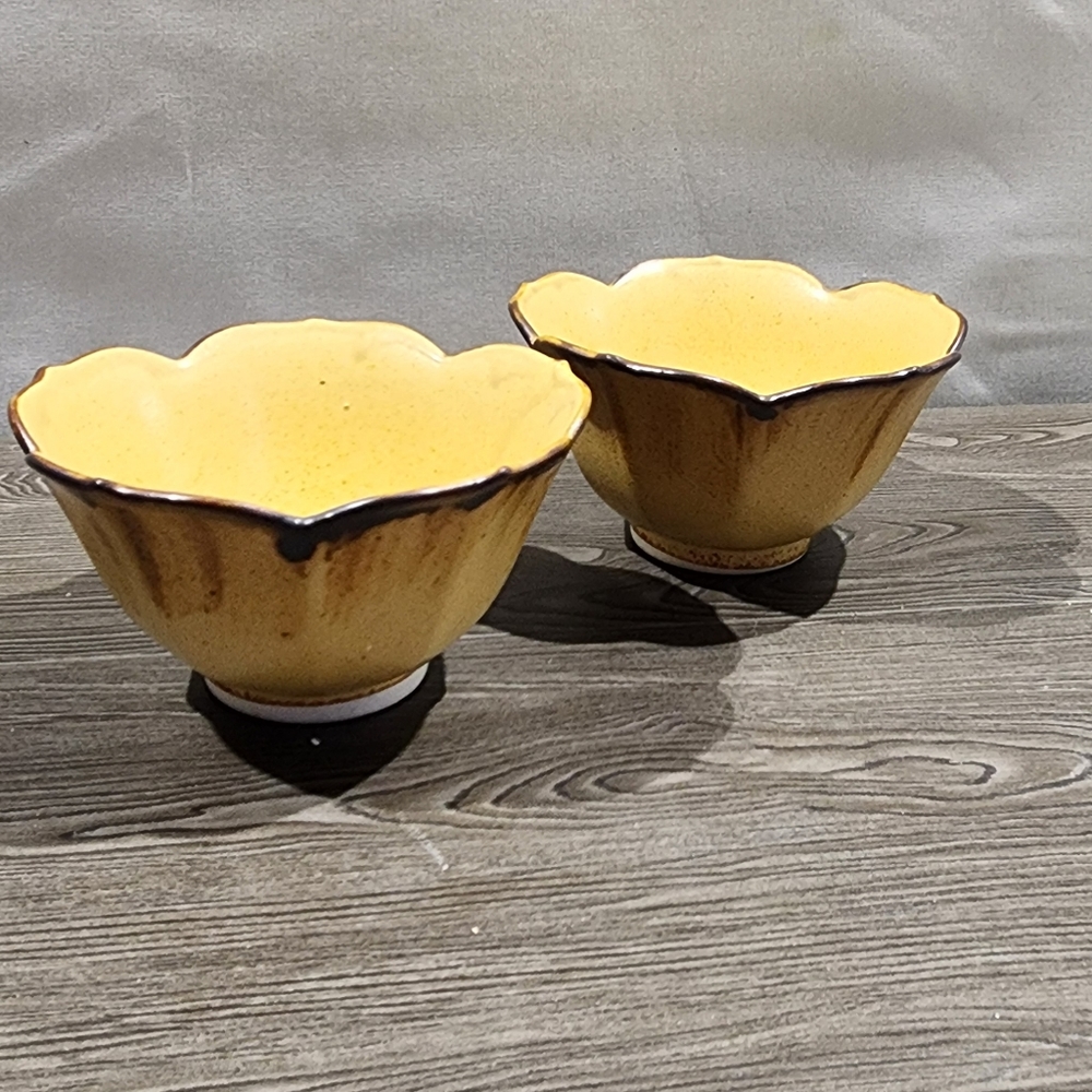 Vintage Lotus Blossom Flower Shaped Rice Bowl Yellow Pattern. Set of 2.